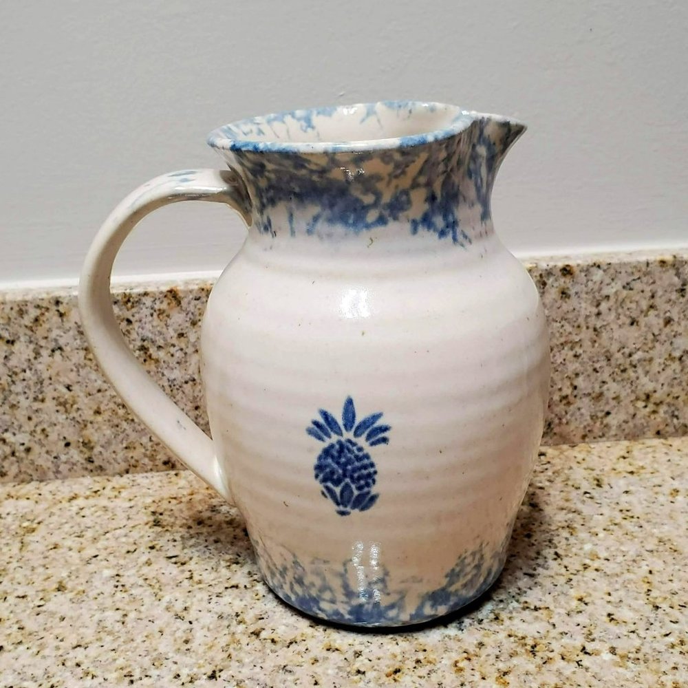 Blue Spongeware Pottery Pitcher, Pineapple design, Handmade, North Carolina 1988